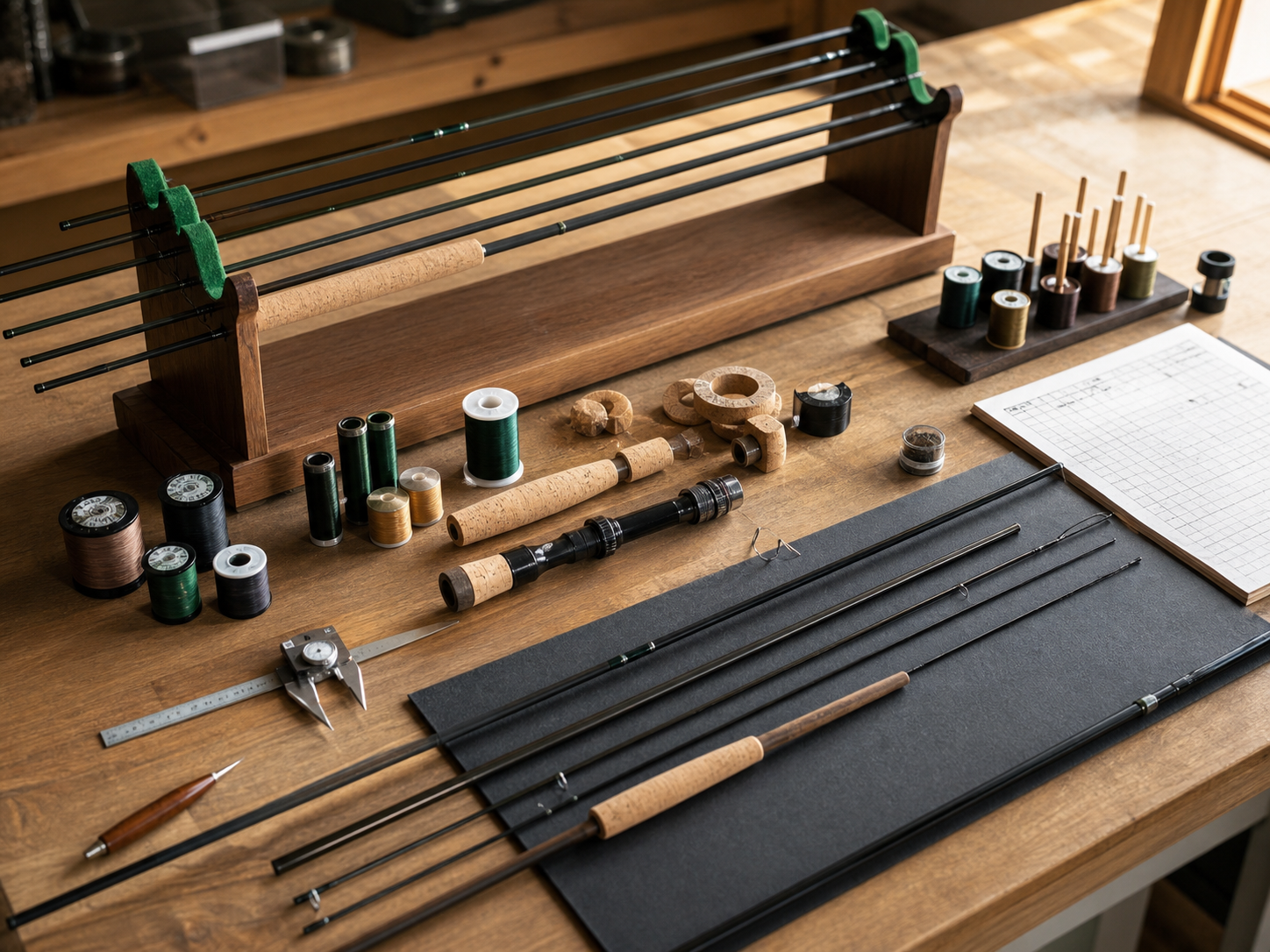 Rod building bench with thread, cork, blank sections, and tools